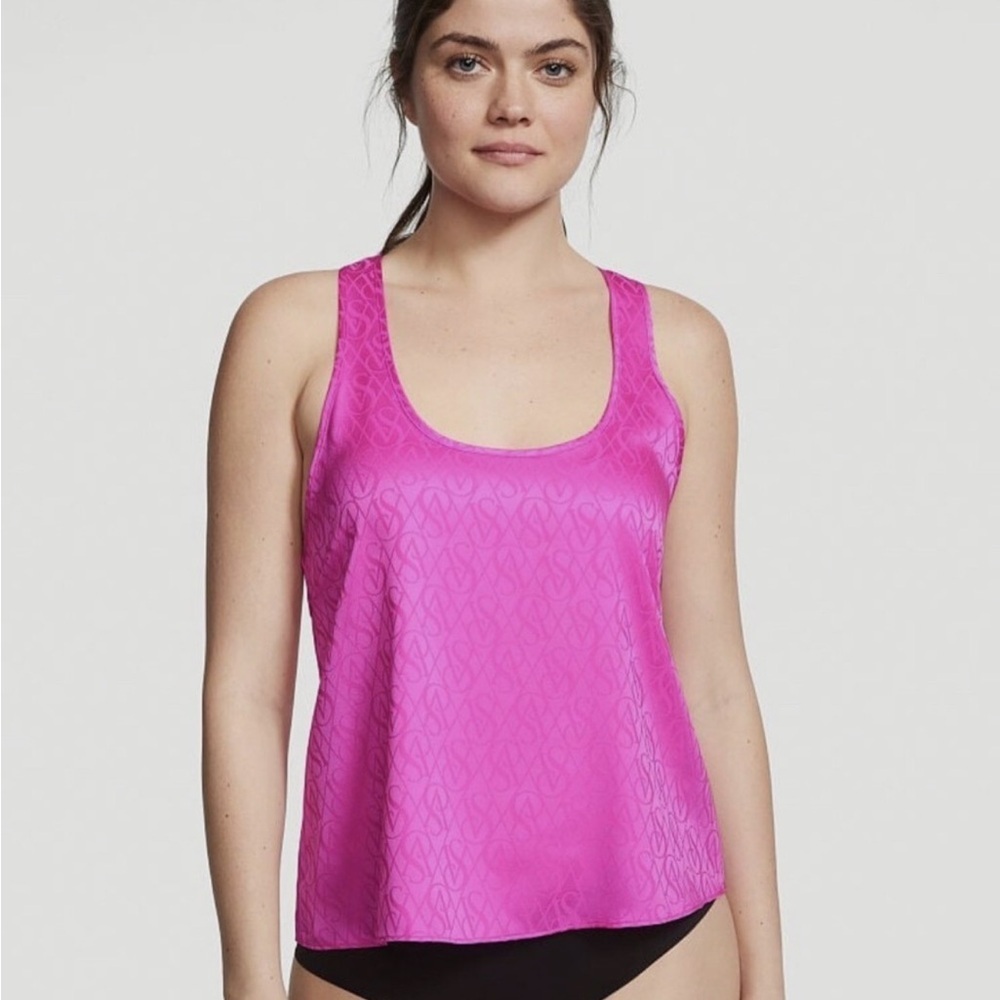 Victoria secret satin  racer back logo cami in Fushia size xL